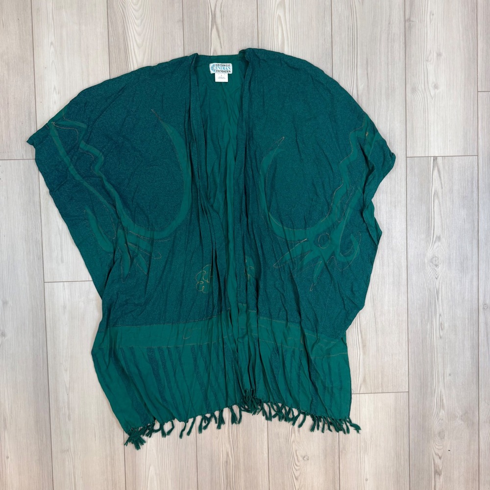 Southwest Indian Foundation Teal Green Gold Fringe Kimono Wrap Large